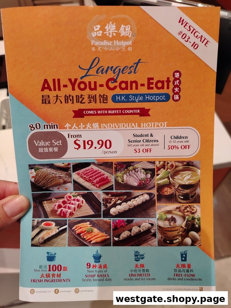 A promotional flyer for Paradise Hotpot, highlighting an all-you-can-eat H.K. style hotpot buffet.