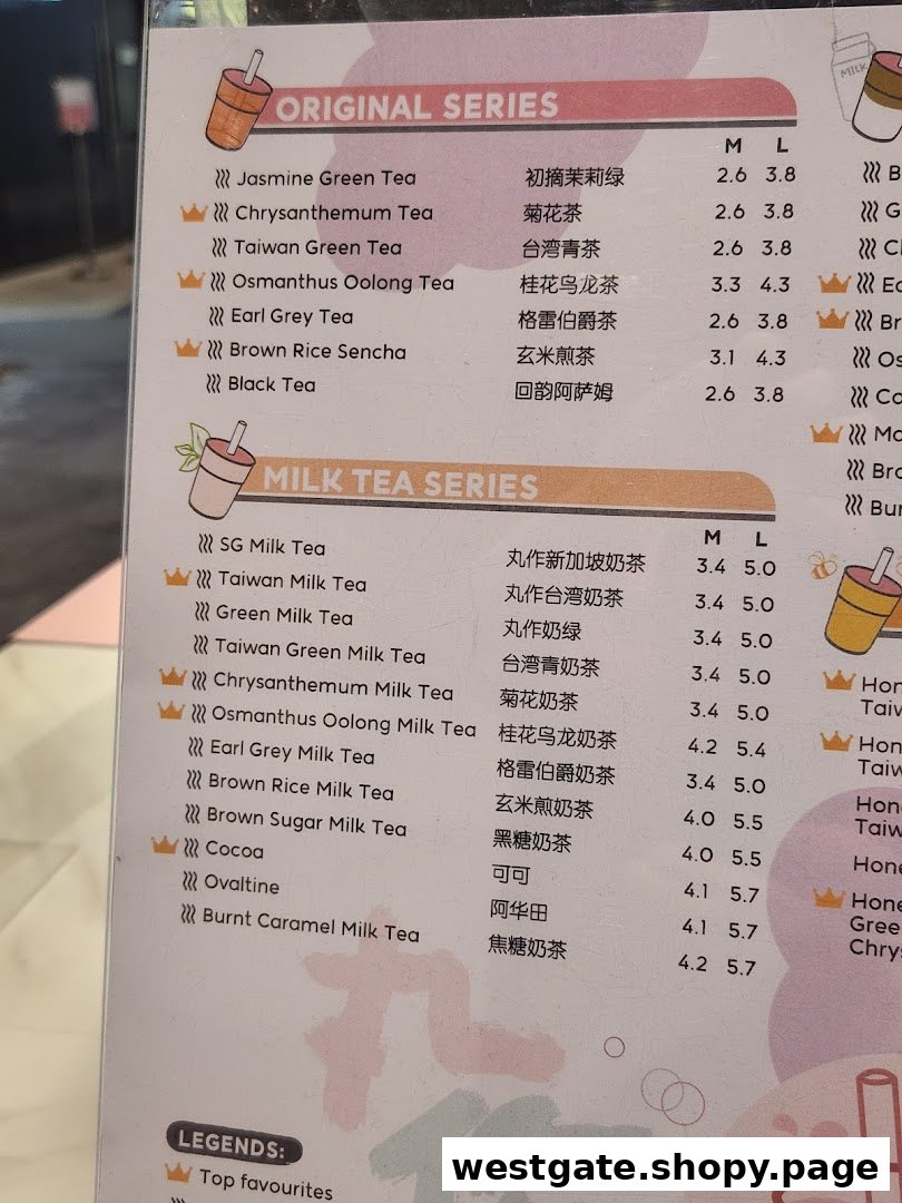 A detailed menu displaying various tea and milk tea options with prices and sizes.