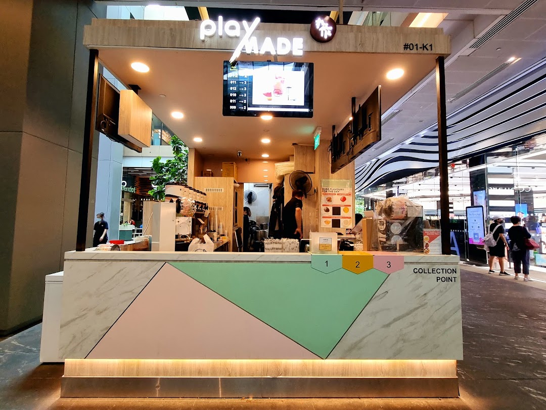 The PlayMade bubble tea kiosk at Westgate, featuring its distinctive counter and branding.