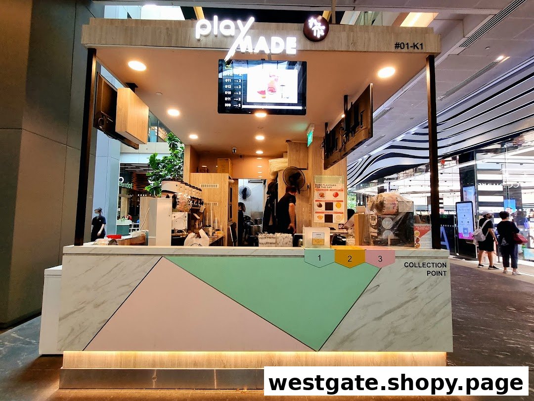 The PlayMade bubble tea kiosk at Westgate, featuring its distinctive counter and branding.