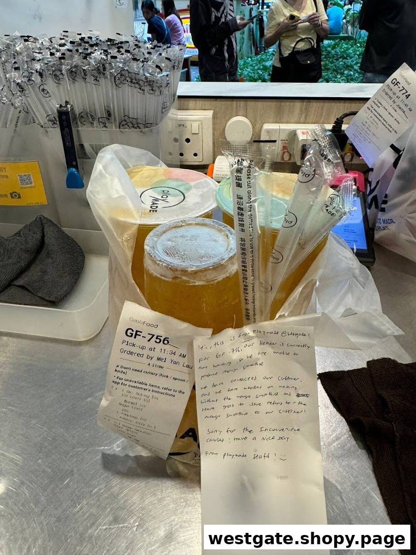 Bubble tea drinks with order slips and a handwritten note on a counter at PlayMade.