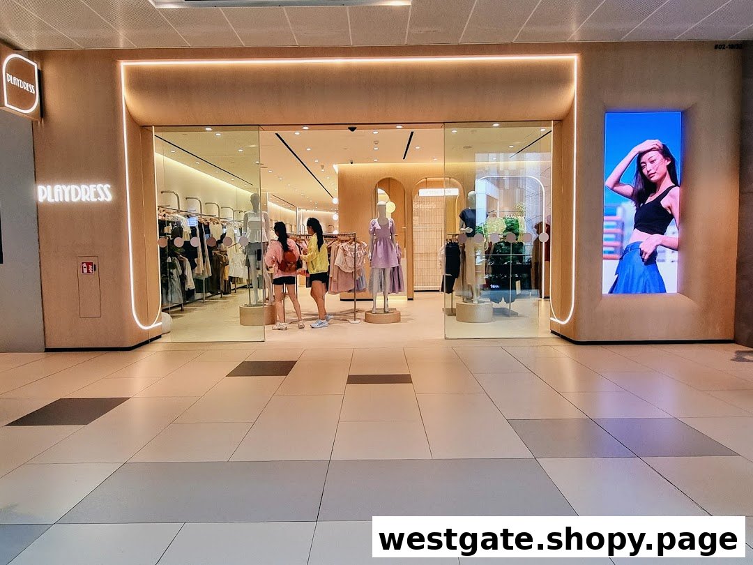 The brightly lit storefront of PLAYDRESS, showcasing modern apparel and inviting customers inside.