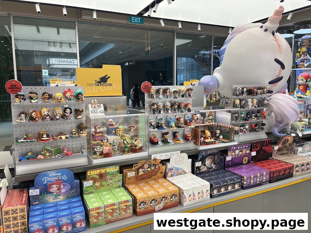 A vibrant display of collectible figures and blind boxes, featuring popular characters and a large unicorn statue.