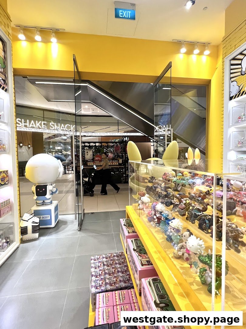 An interior view of POP MART, showcasing collectible figures and a character statue near the entrance.