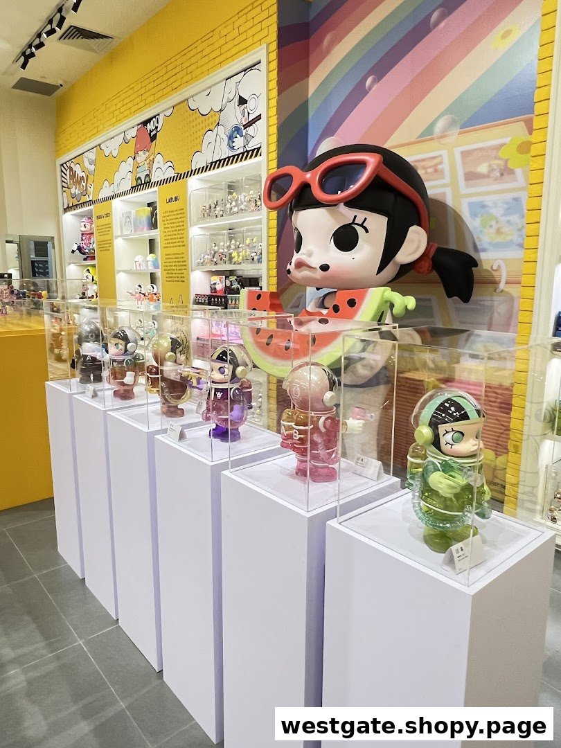 An interior view of POP MART, showcasing colorful collectible art toys on display pedestals with vibrant decor.