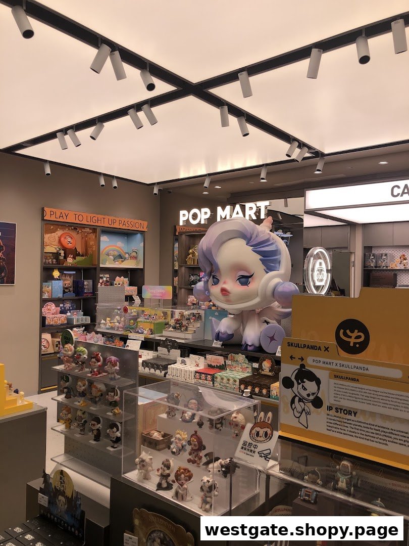 Interior view of POP MART showcasing collectible figures, a large character display, and diverse merchandise.