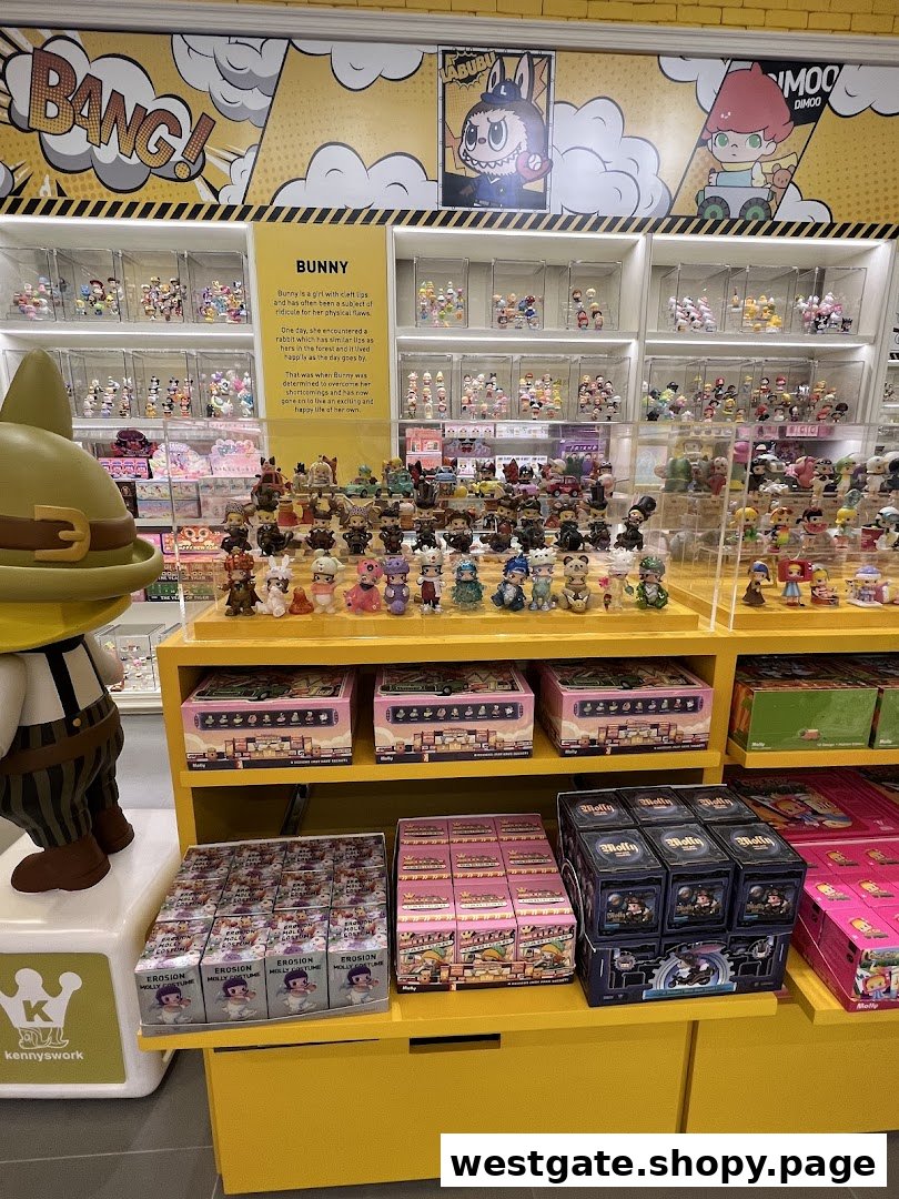 Interior view of POP MART, showcasing shelves filled with colorful collectible art toys and blind boxes.