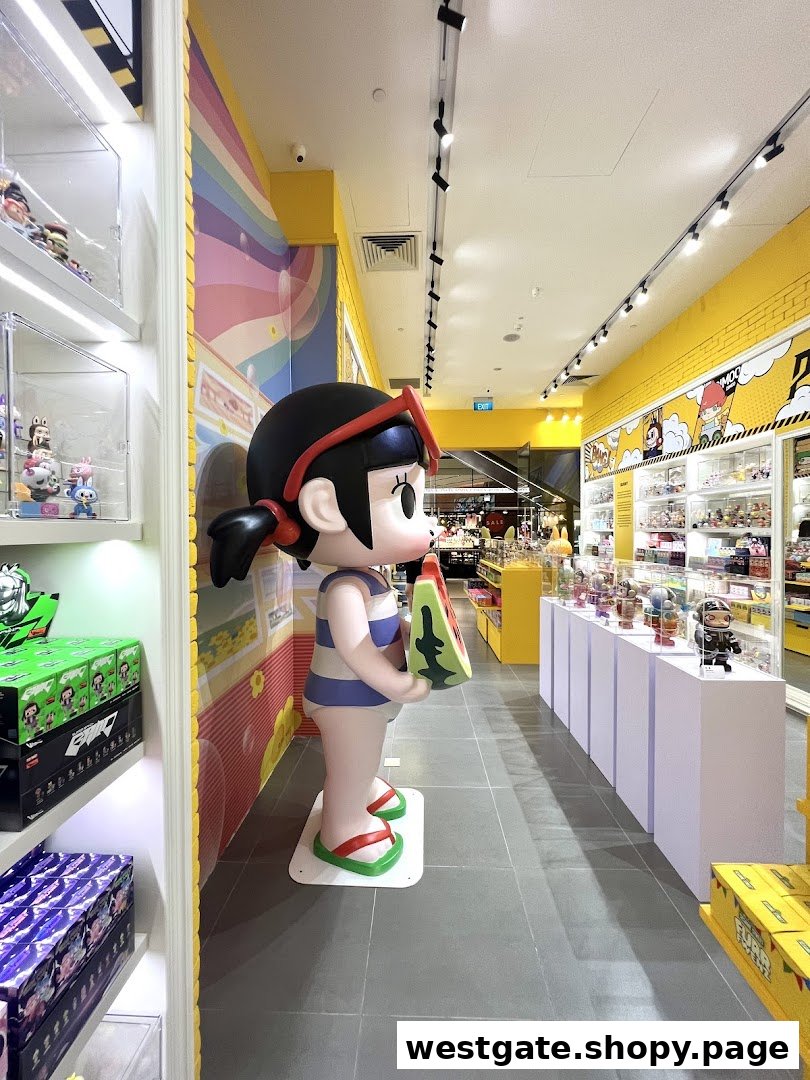 A vibrant POP MART store interior featuring a large character statue and colorful displays of collectible toys.