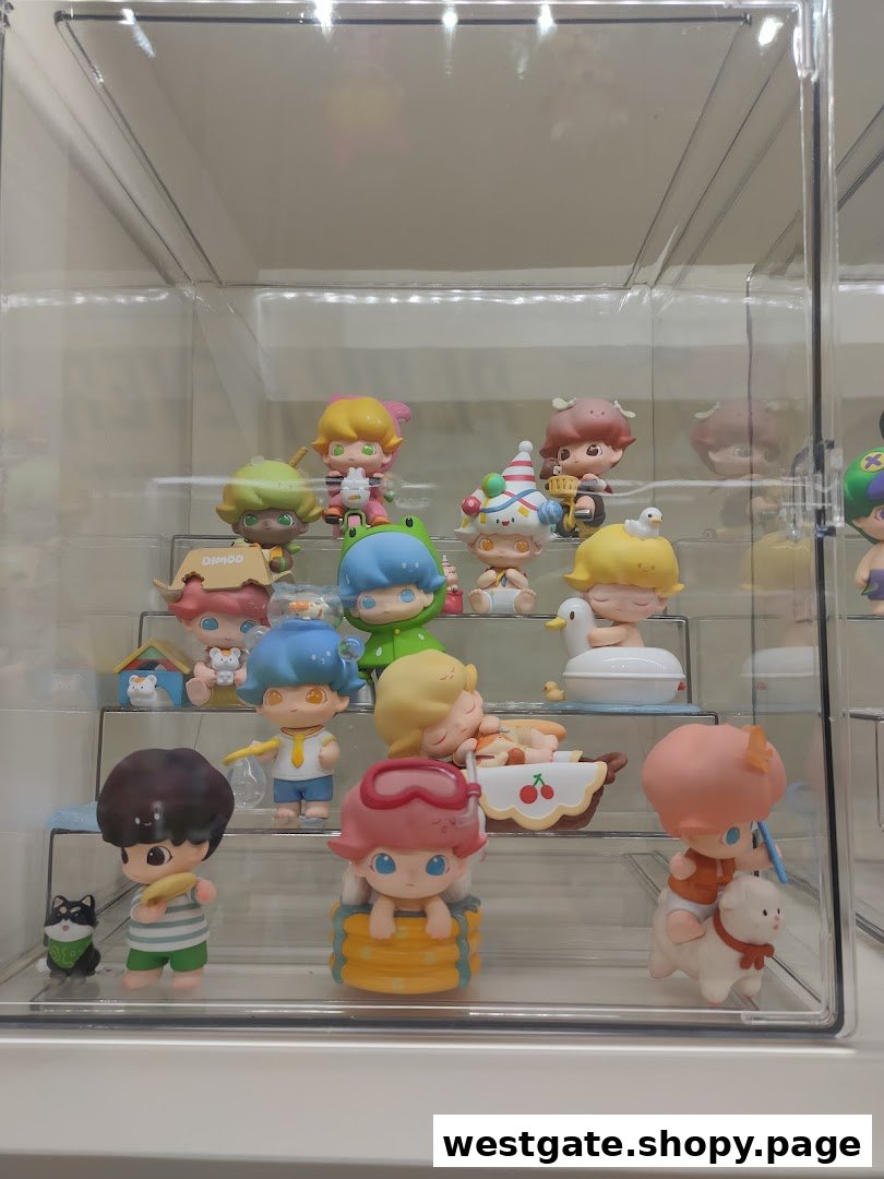 A clear display case showcasing a collection of colorful, stylized collectible figures from POP MART.