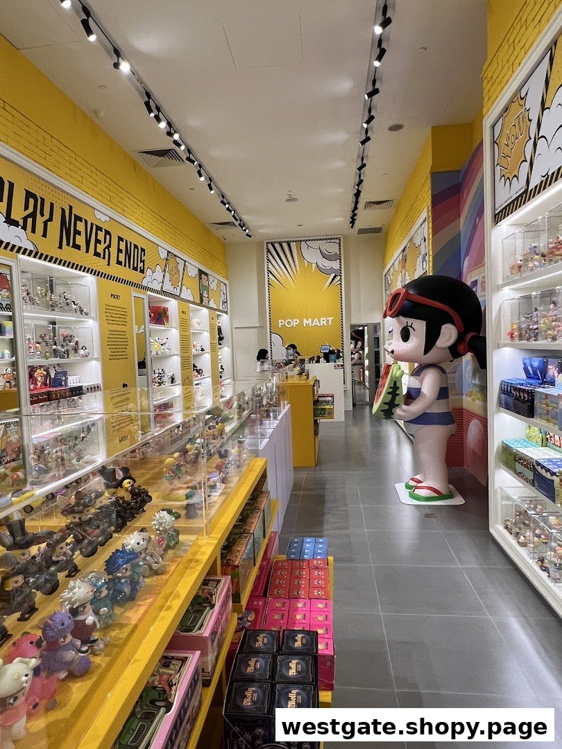 An interior view of POP MART, showcasing numerous collectible figures, blind boxes, and a large character statue.