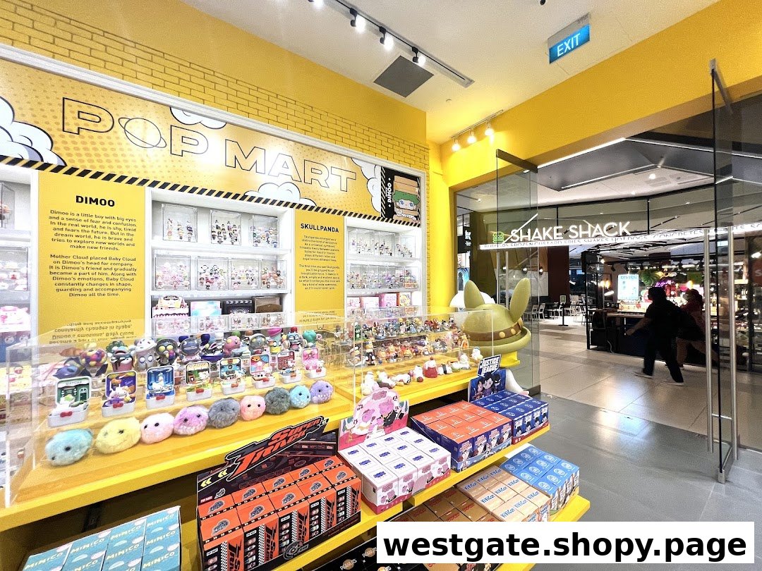 Interior view of POP MART showcasing colorful collectible toys, blind boxes, and character displays.