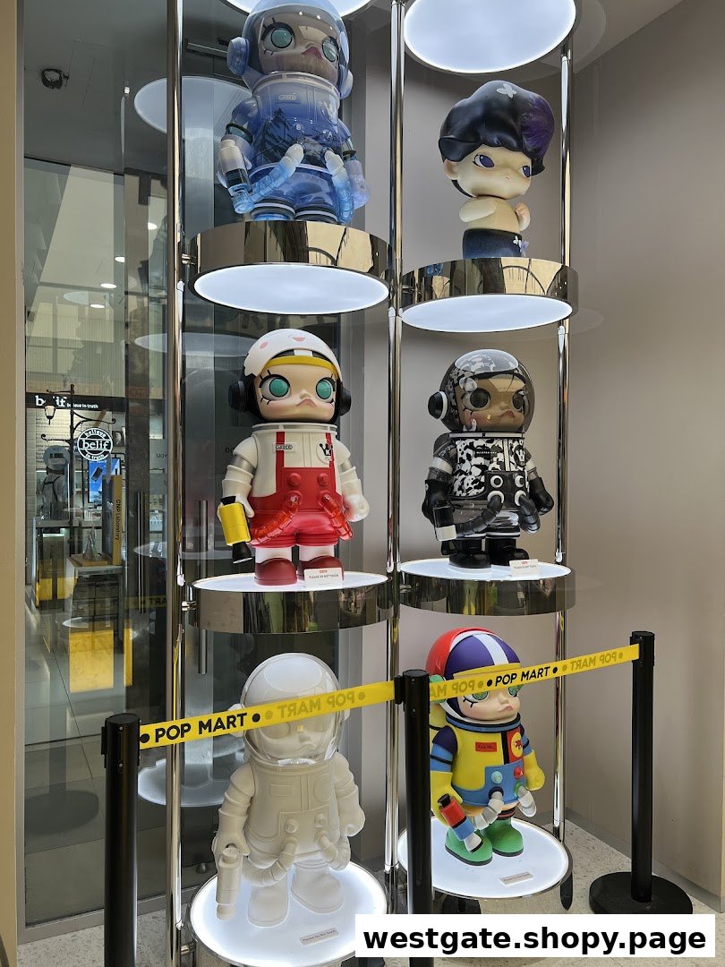 A brightly lit display case showcasing various large, stylized collectible figures from POP MART.