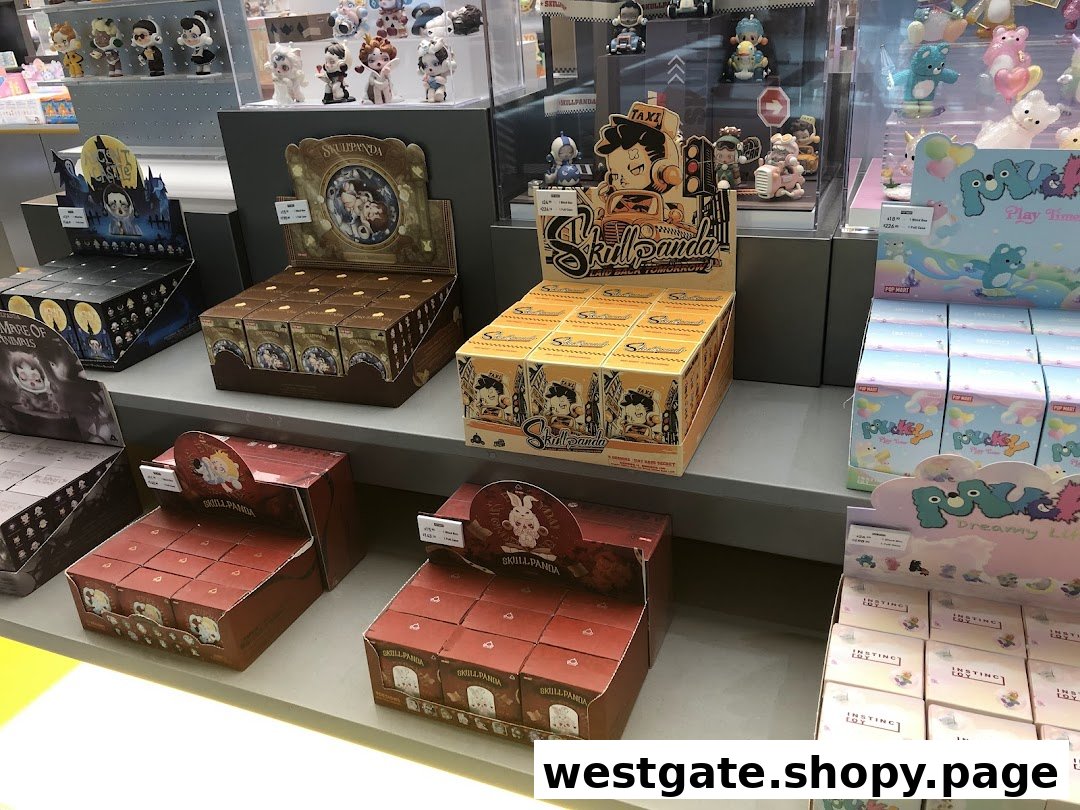 Shelves displaying various POP MART blind boxes and collectible figures, including Skullpanda and Pucky series.