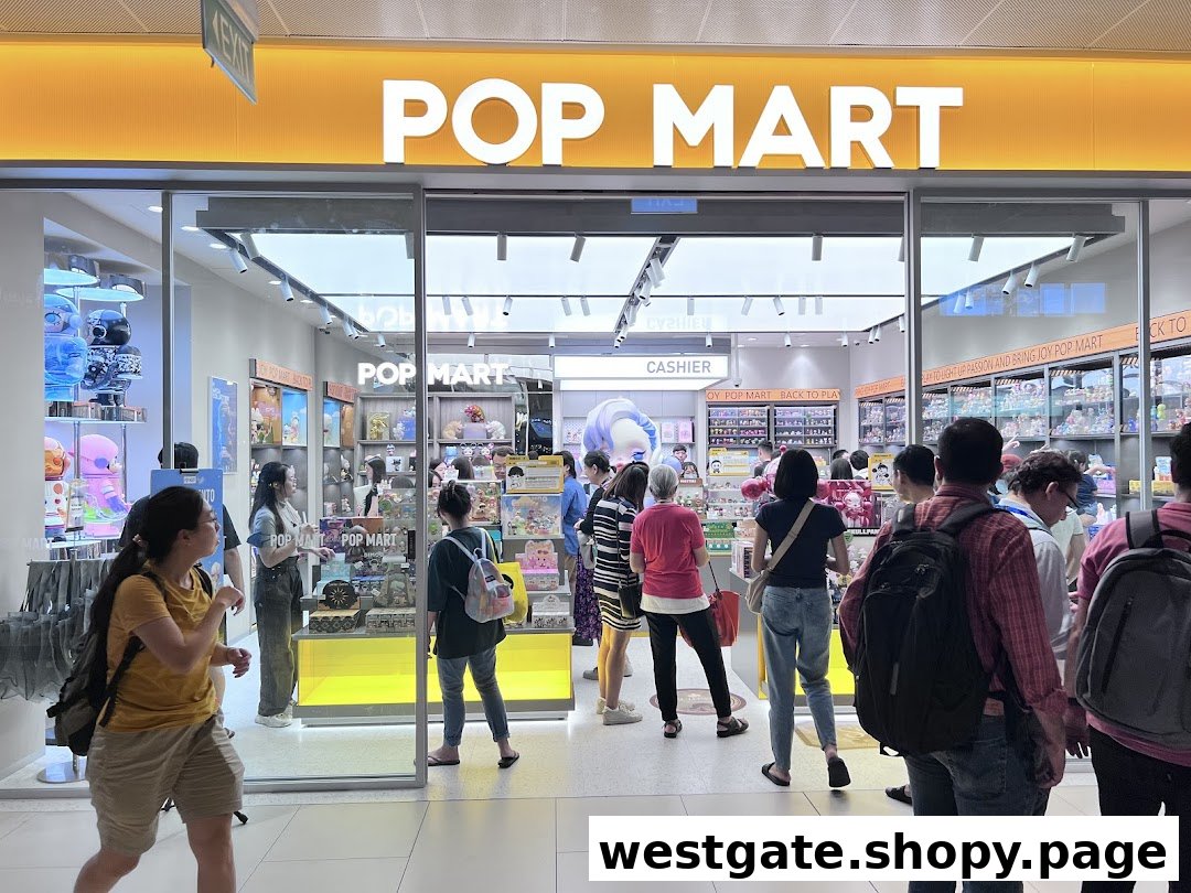 The vibrant POP MART storefront at Westgate, bustling with customers exploring unique designer toys and collectibles.