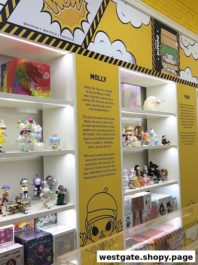 Interior view of POP MART Westgate, showcasing shelves filled with colorful, collectible art toys and character displays.