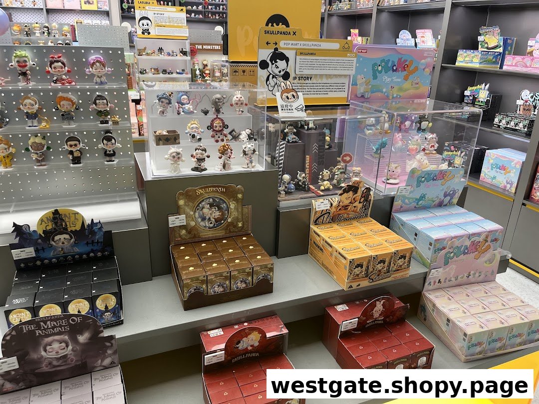 An interior view of POP MART, showcasing various collectible art toys and blind boxes on display shelves.