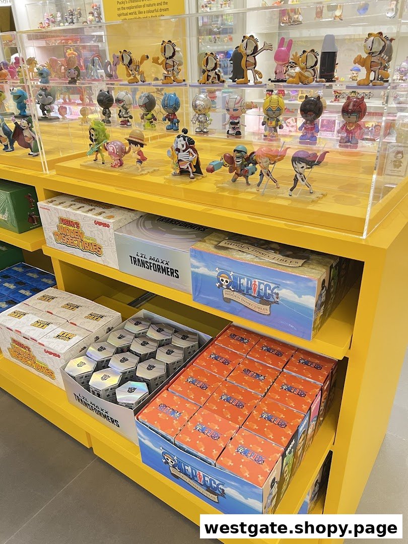 Shelves filled with collectible figures and blind boxes, featuring One Piece and Transformers themes.