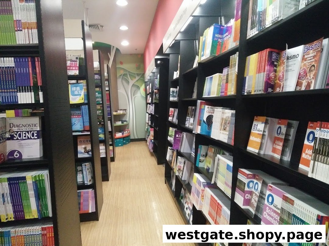 A well-lit aisle inside a bookstore, lined with shelves of various books and educational materials.