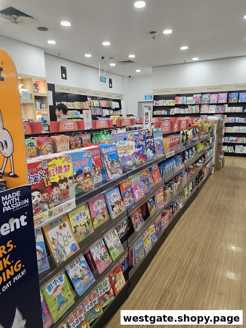 Interior view of POPULAR Bookstore, showcasing shelves filled with books, including children's and educational titles.