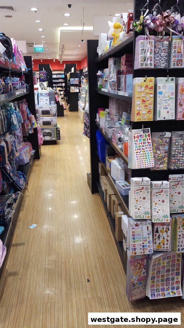 An aisle inside POPULAR Bookstore, showcasing shelves filled with stationery, bags, and various products.