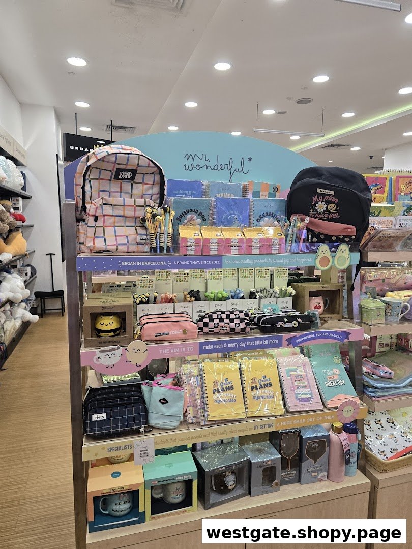 A vibrant display of 'Mr. Wonderful' brand stationery, bags, and gift items inside a bookstore.
