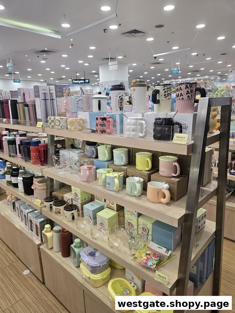 Shelves displaying a vibrant collection of mugs, tumblers, and lifestyle accessories inside POPULAR Bookstore.