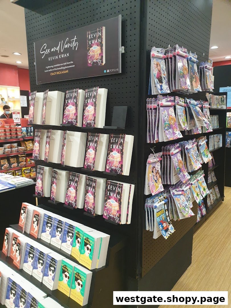 A display of books by Kevin Kwan and other merchandise inside a POPULAR Bookstore.