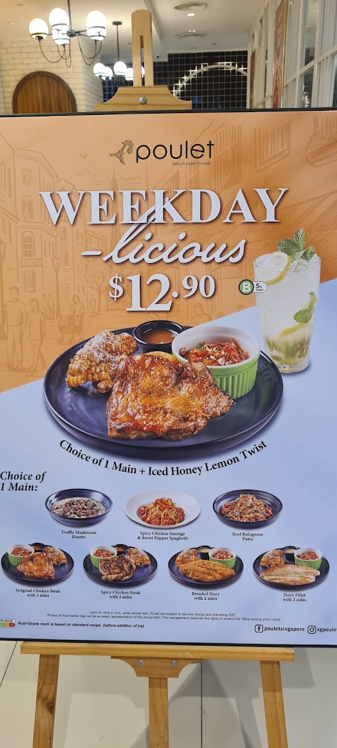 A promotional menu board for Poulet's 'Weekday-licious' meal deal featuring various main courses.