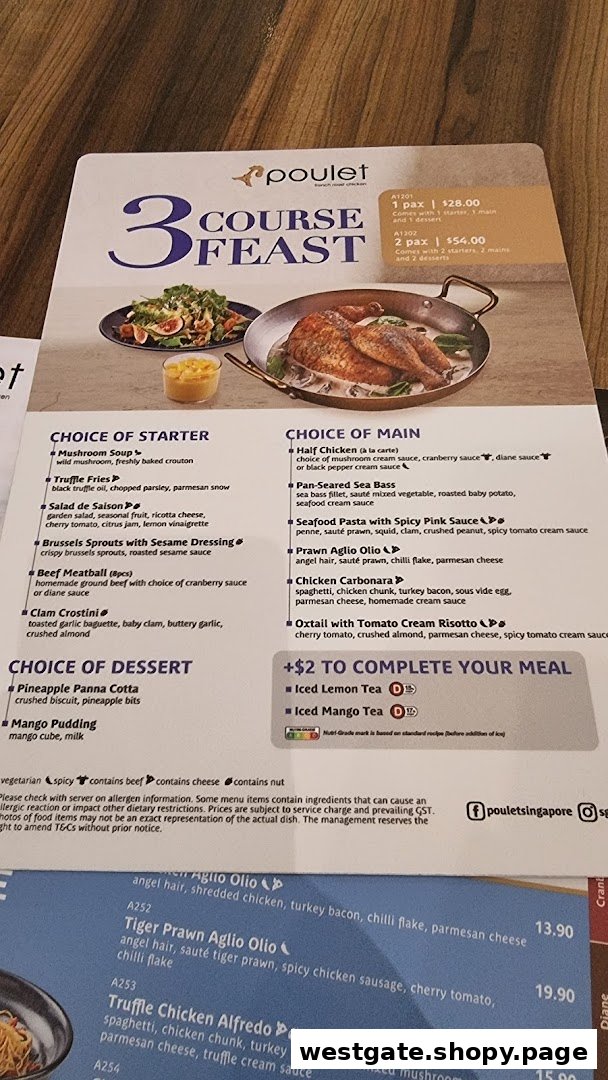 A detailed menu for Poulet's 3-Course Feast, showcasing starters, mains, and desserts.