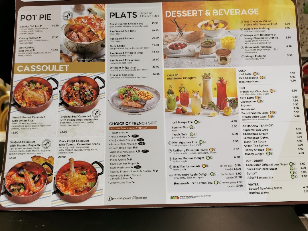 A detailed menu from Poulet - Westgate, showcasing various French-inspired dishes, desserts, and beverages.
