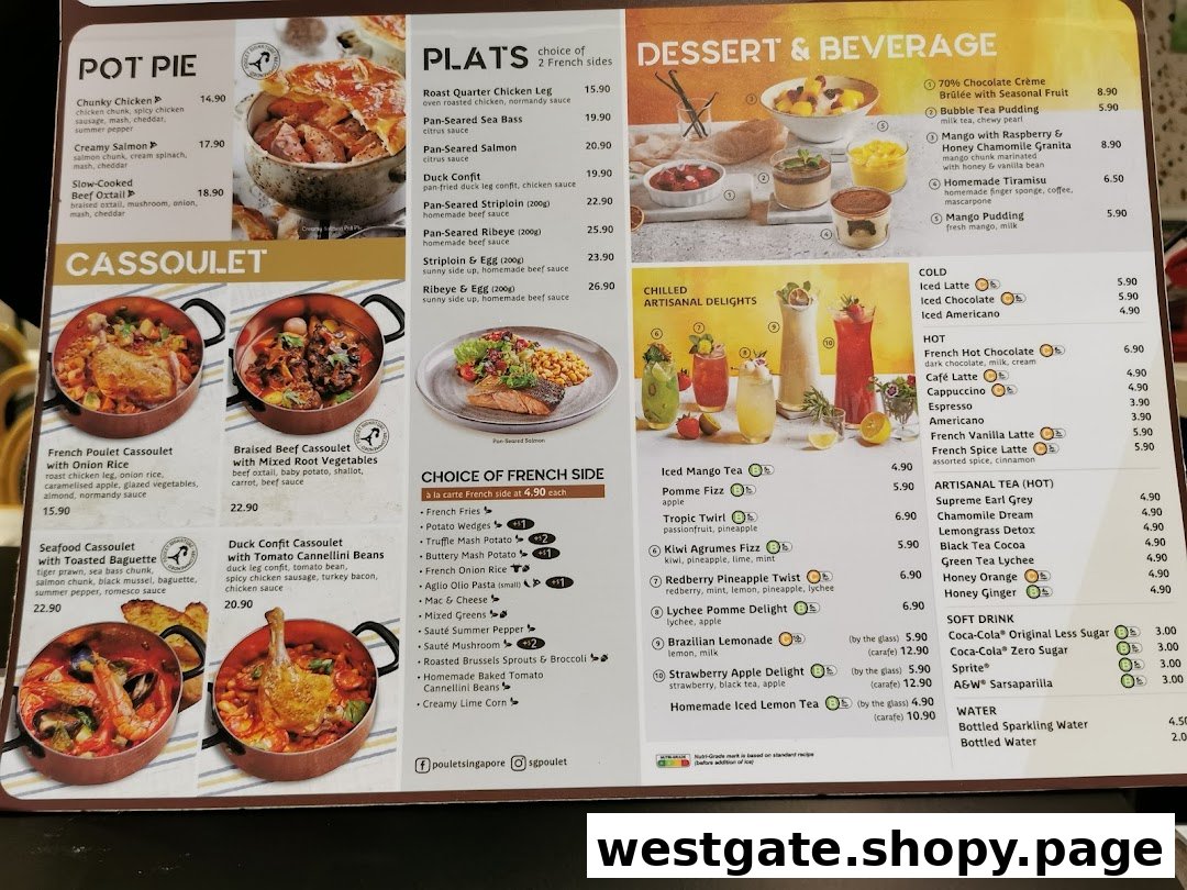 A detailed menu from Poulet - Westgate, showcasing various French-inspired dishes, desserts, and beverages.
