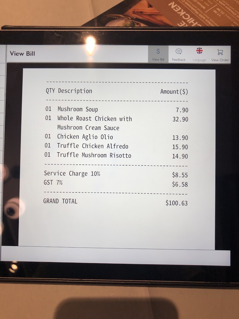 A digital screen displaying a customer's bill with food items, prices, service charge, and grand total.