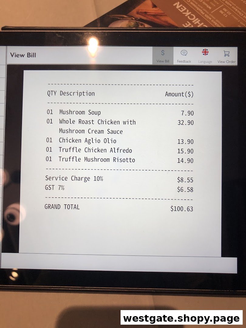 A digital screen displaying a customer's bill with food items, prices, service charge, and grand total.
