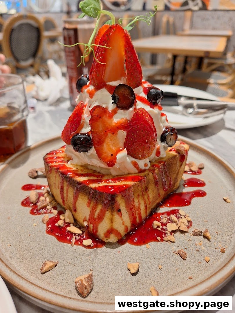 A delicious dessert featuring thick toast topped with whipped cream, fresh strawberries, blueberries, and strawberry sauce.