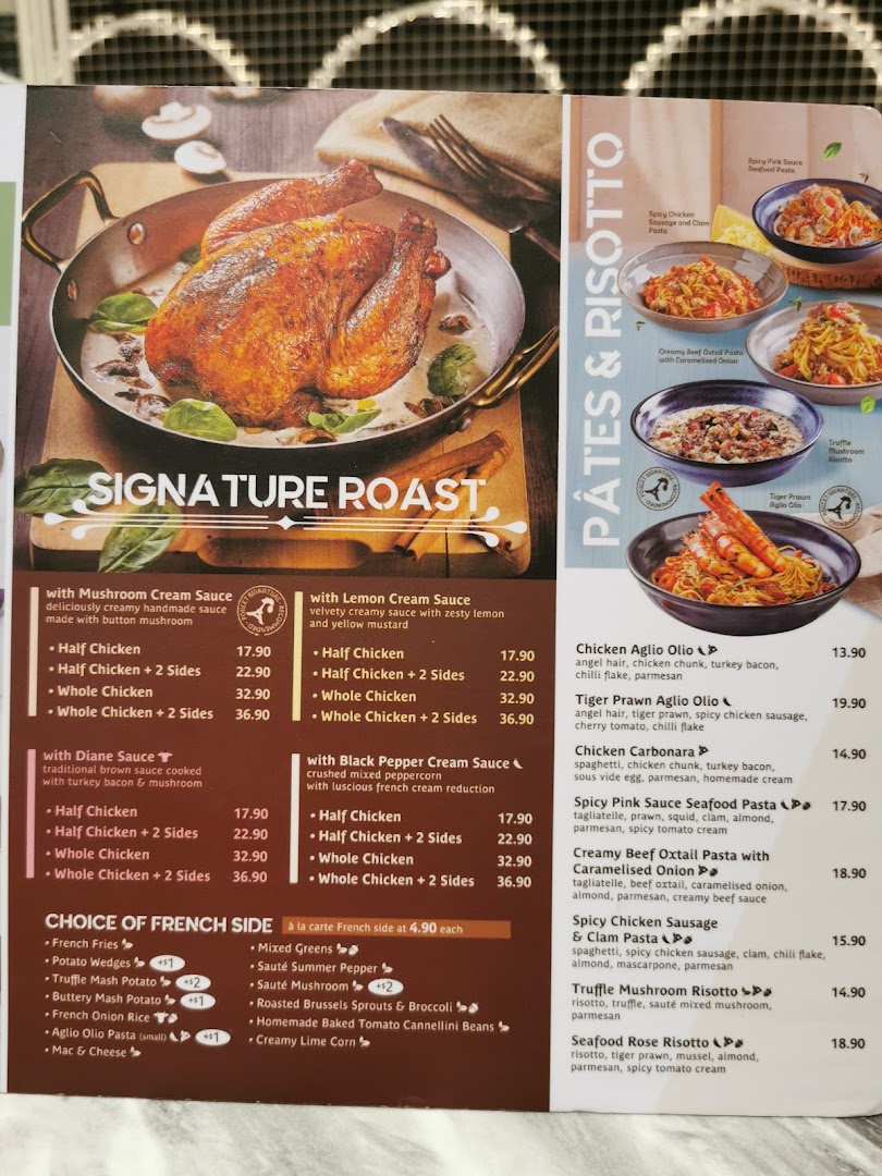 A detailed menu from Poulet - Westgate, featuring signature roast chicken, pasta, risotto, and sides.