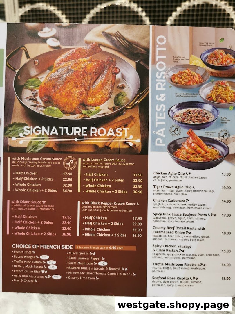 A detailed menu from Poulet - Westgate, featuring signature roast chicken, pasta, risotto, and sides.
