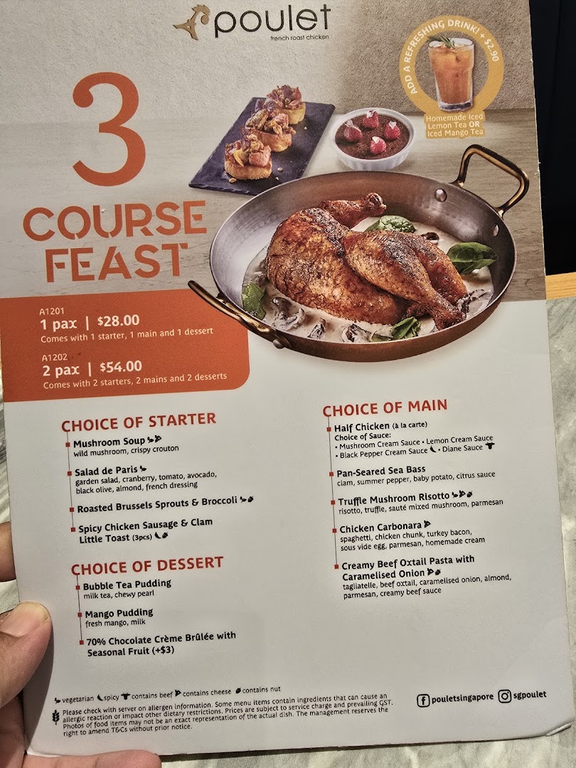 A detailed menu showcasing Poulet's 3-Course Feast options with starters, mains, and desserts.
