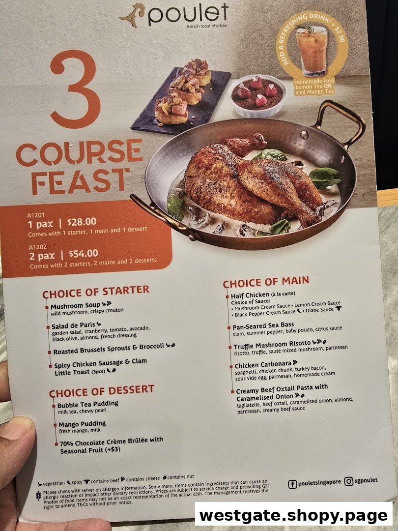 A detailed menu showcasing Poulet's 3-Course Feast options with starters, mains, and desserts.