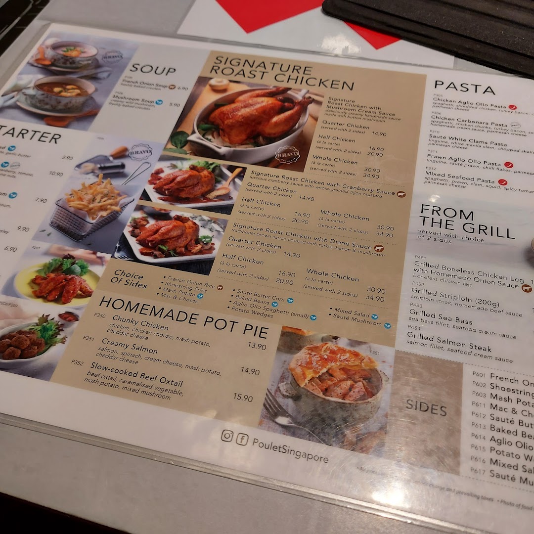 A detailed menu from Poulet - Westgate, showcasing various chicken dishes, pasta, grilled items, and sides.