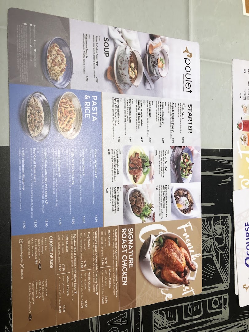 A detailed menu from Poulet featuring French roast chicken, pasta, soups, and starters.