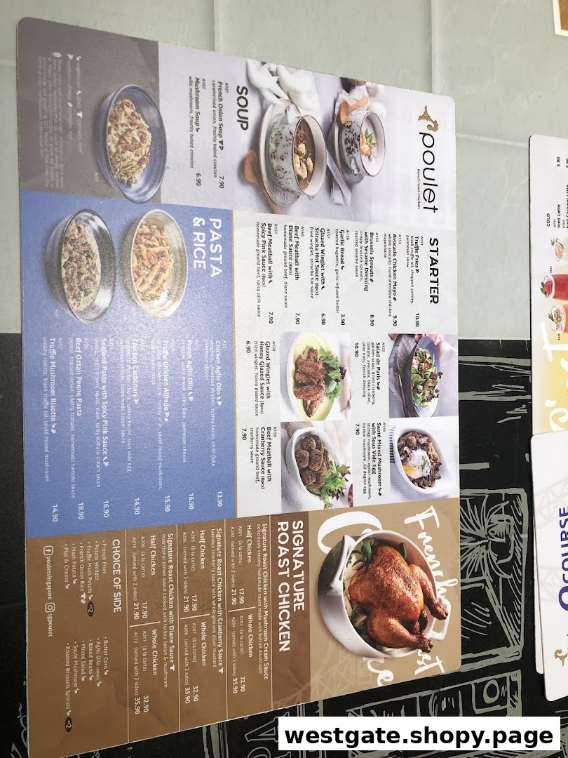 A detailed menu from Poulet featuring French roast chicken, pasta, soups, and starters.
