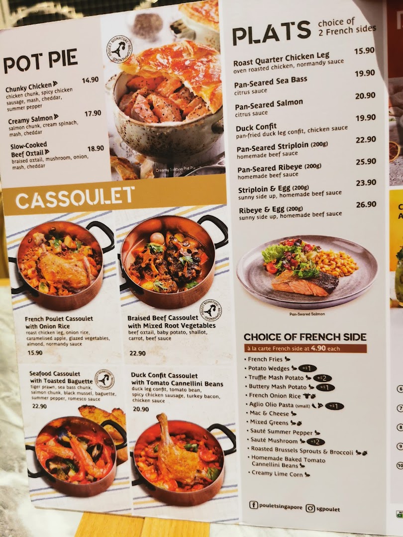 A detailed menu from Poulet - Westgate, showcasing French-inspired dishes like pot pies, plats, and cassoulets.