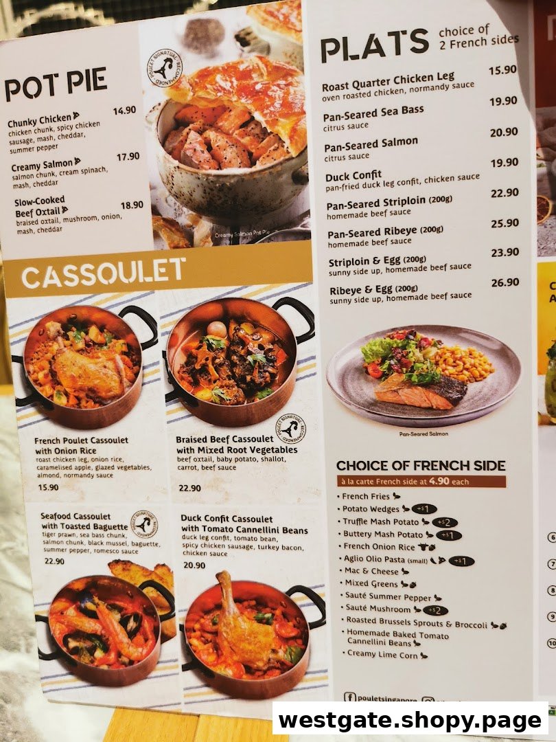 A detailed menu from Poulet - Westgate, showcasing French-inspired dishes like pot pies, plats, and cassoulets.
