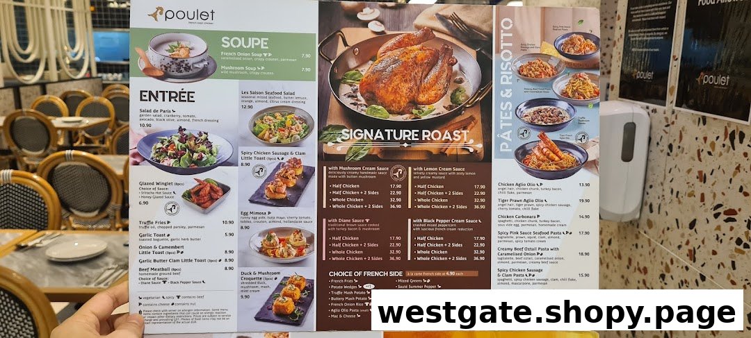 A detailed menu board for Poulet, showcasing French-inspired roast chicken, pastas, and various side dishes.