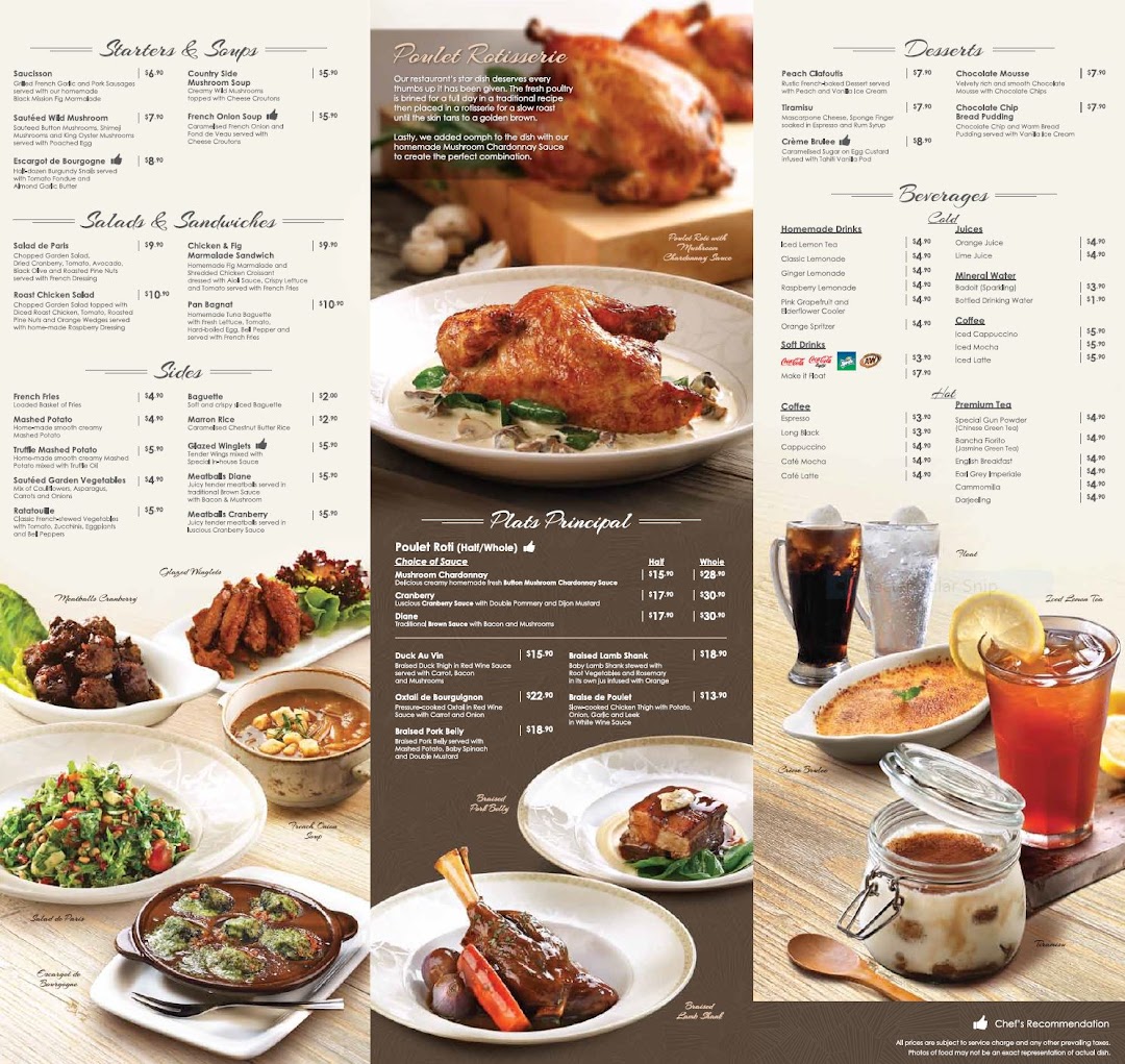 A comprehensive menu for Poulet restaurant, showcasing French rotisserie chicken and other classic dishes.