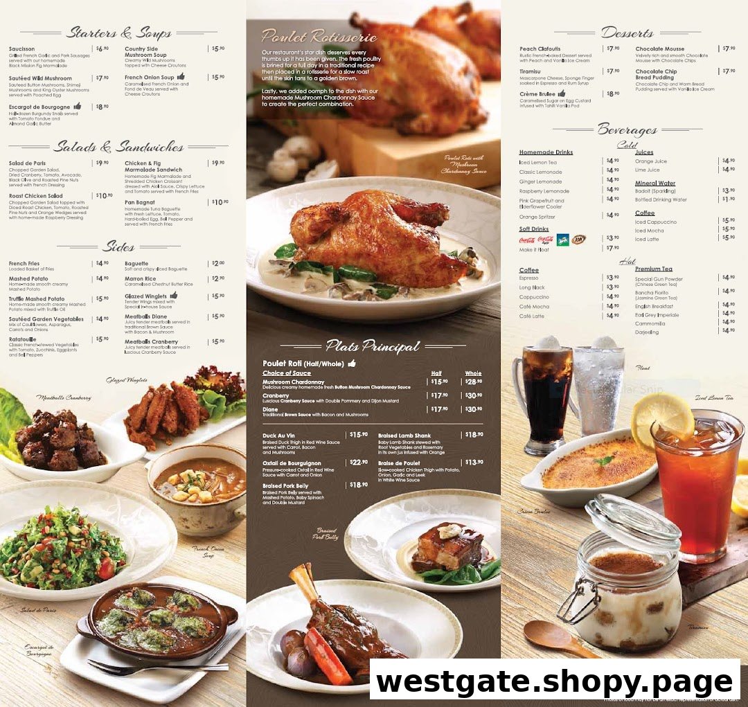 A comprehensive menu for Poulet restaurant, showcasing French rotisserie chicken and other classic dishes.