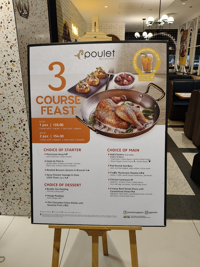 A promotional menu board for Poulet's 3-Course Feast, featuring French roast chicken and other dishes.