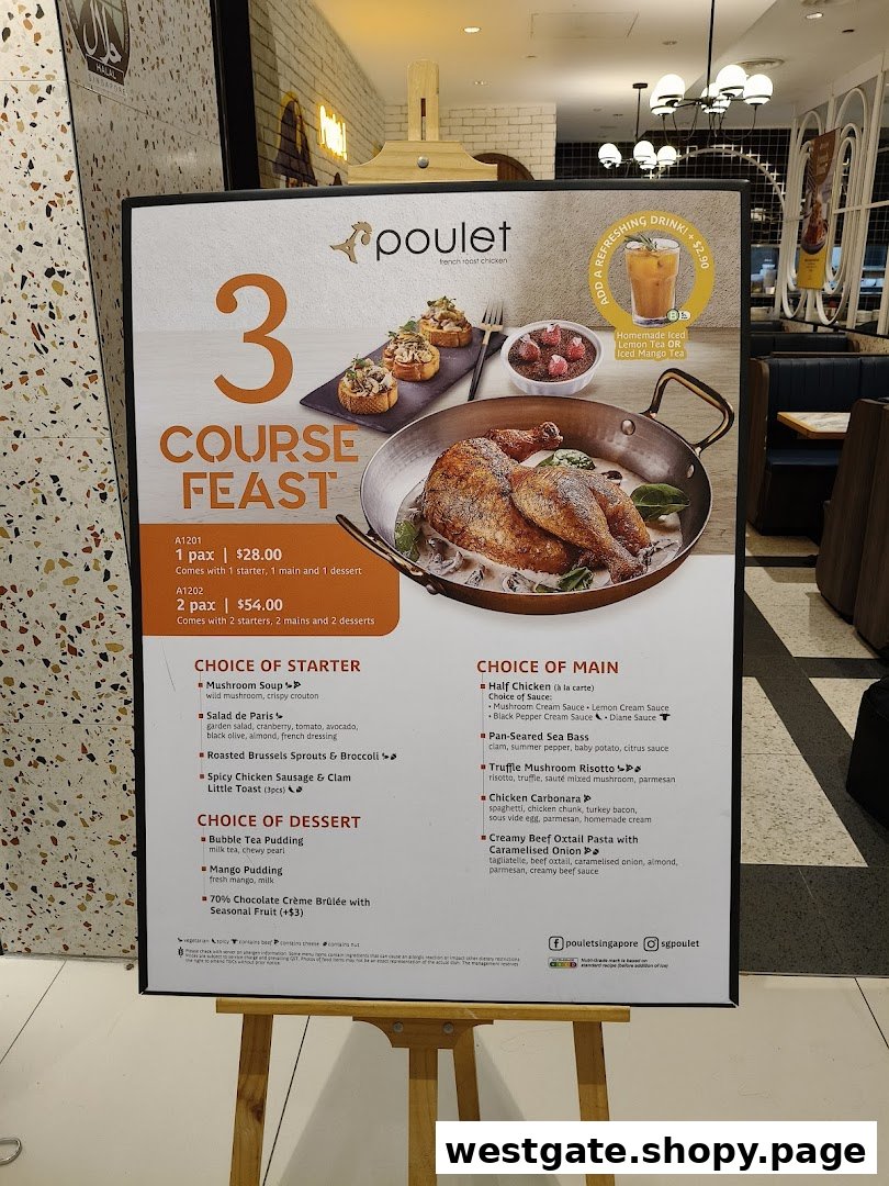 A promotional menu board for Poulet's 3-Course Feast, featuring French roast chicken and other dishes.