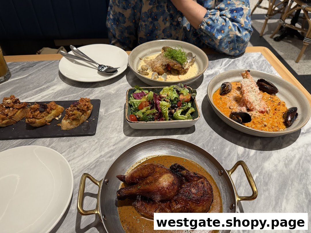 A table laden with various dishes including roasted chicken, seafood risotto, bruschetta, and a fresh salad.