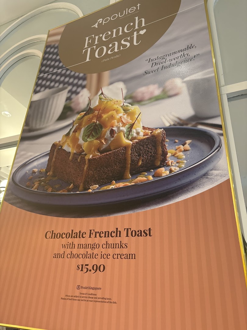 A promotional poster for Poulet's Chocolate French Toast with mango and chocolate ice cream, priced at $15.90.